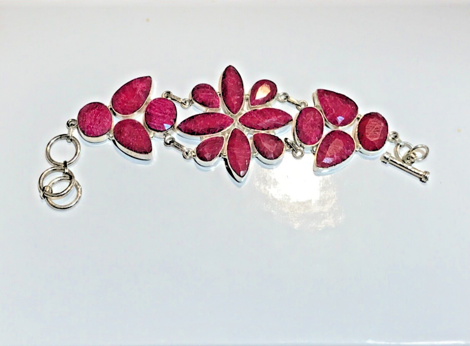 🔥925 STERLING SILVER HUGE LARGE RAW CHERRY RUBIES CHUNKY BRACELET WOMEN 8 in