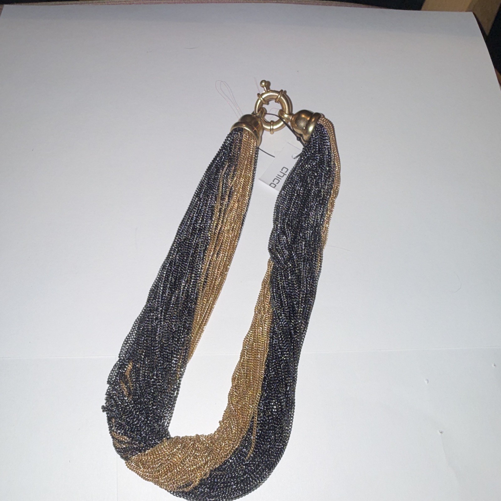 Chico’s Gold/Black Mesh Chain Statement Necklace Metal Ring Closure
