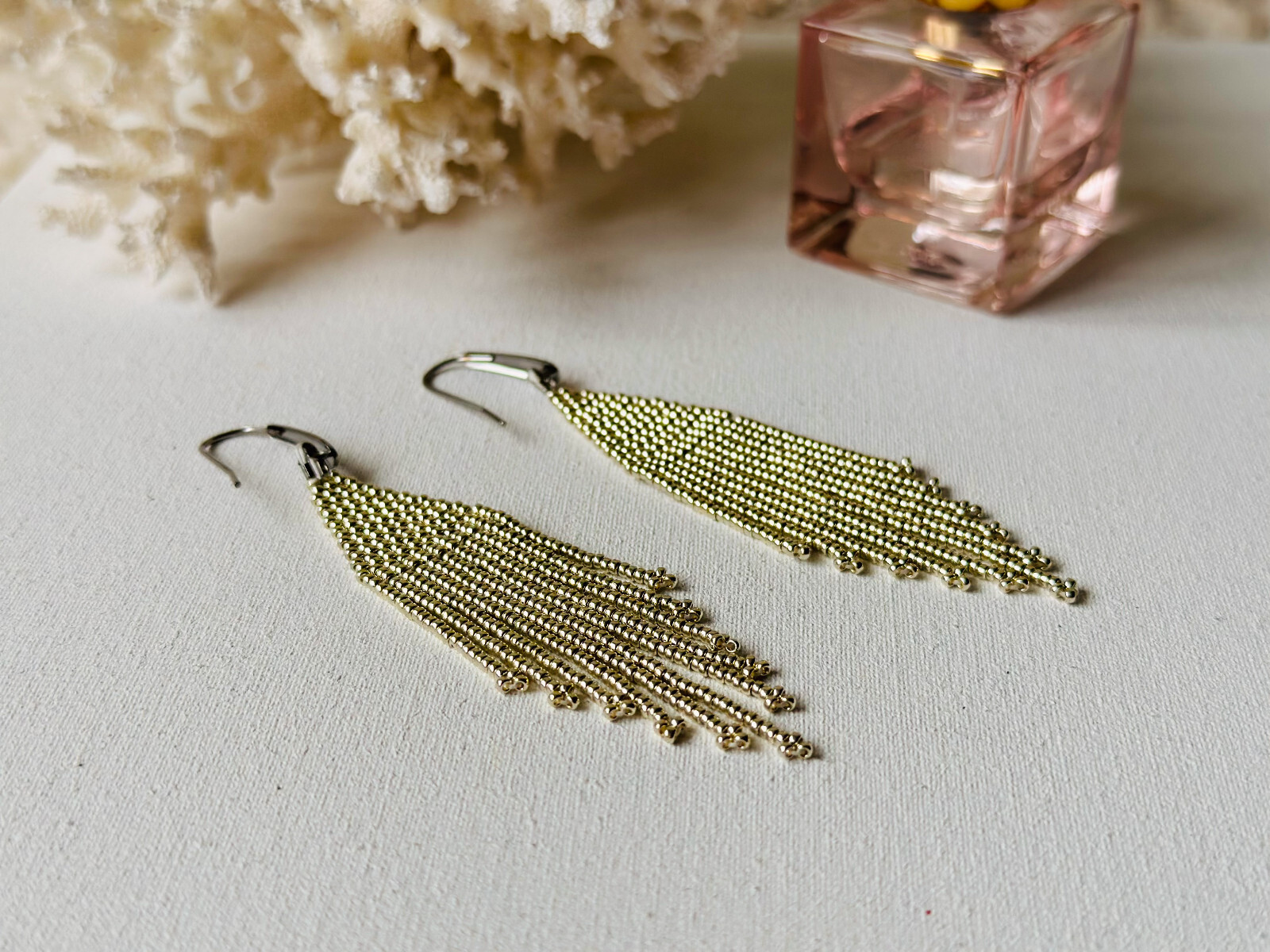 Silver beaded earrings with fringe, Shining long Miyuki seed bead earrings
