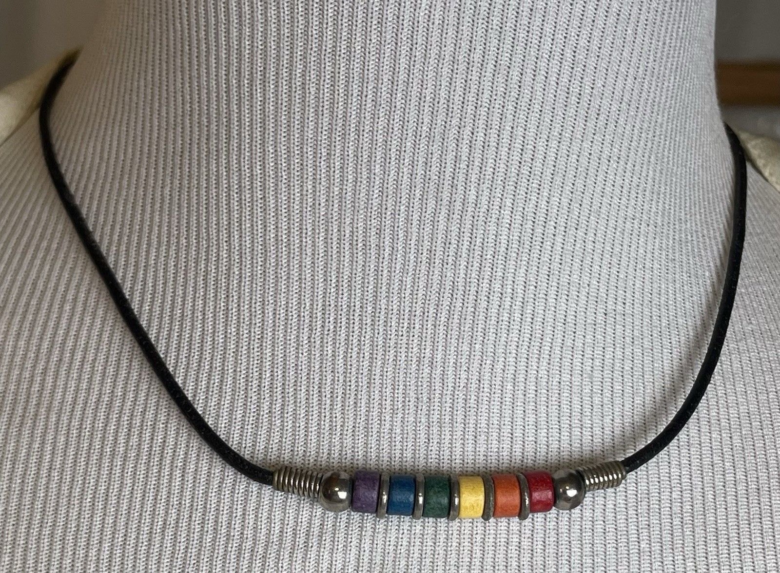 Vtg Real Silver Ceramic Beads Necklace 16” Multicolor Black Leather Cord