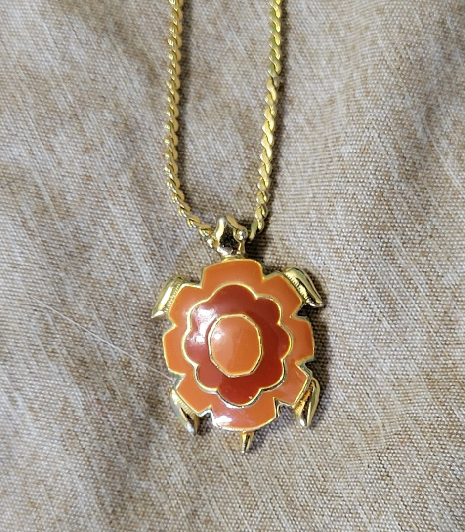 Gold Tone Orange & Terracotta Red Enamel Turtle Pendant Necklace