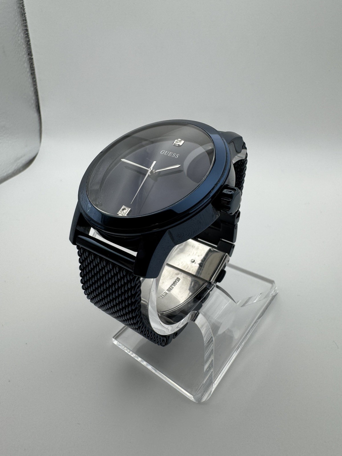 Guess Iconic Diamond Blue Dial Mesh Band Mens Watch U0297G2