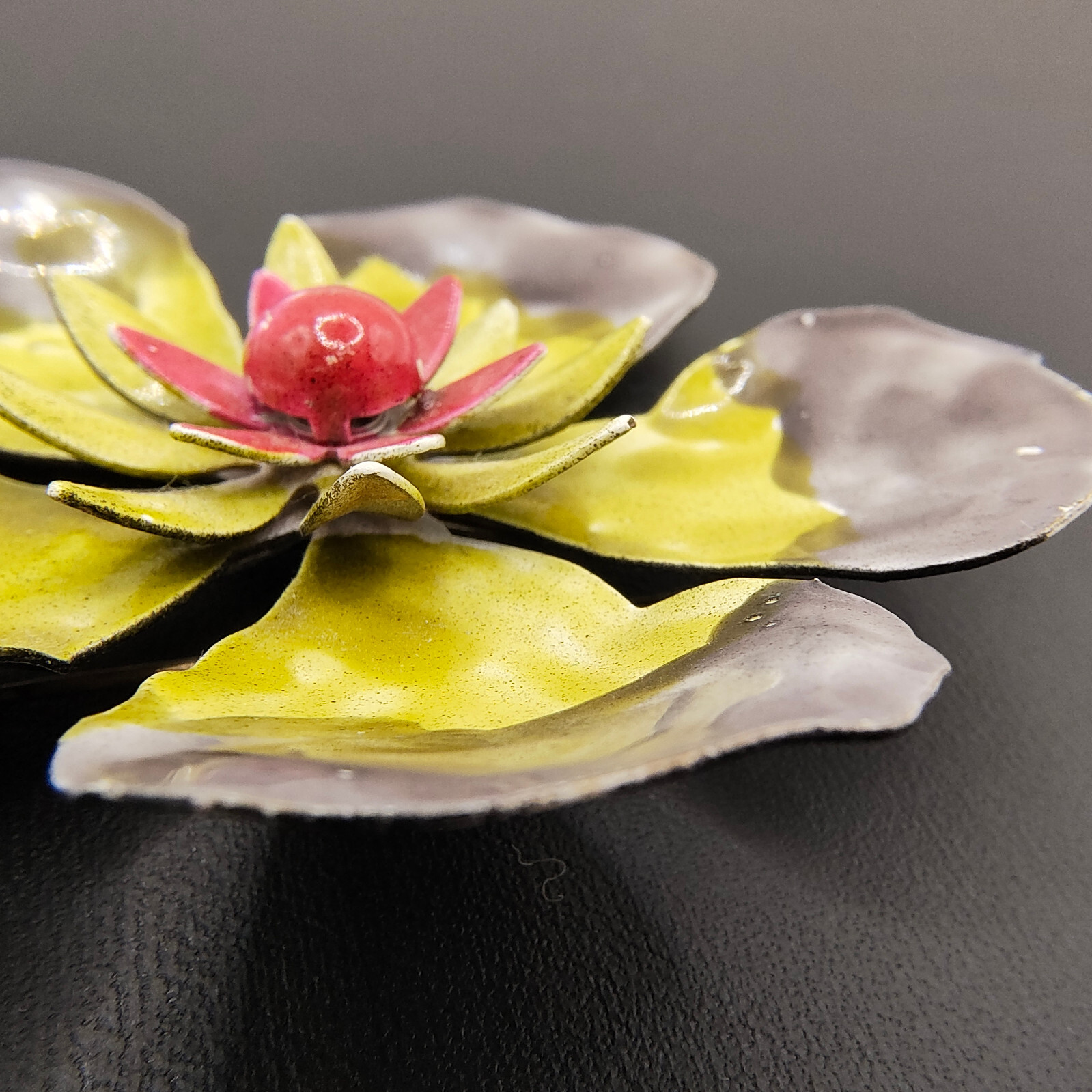 Vintage Hibiscus Flower Brooch Pin Enamel Black Gray Yellow Red 1960s-1970s MCM