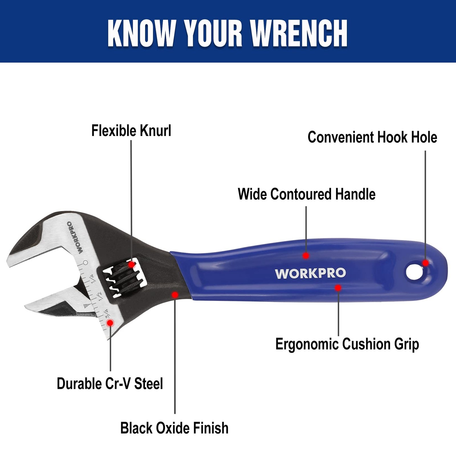 WORKPRO 6-Inch Adjustable Wrench, Wide Jaw Cr-V Steel Black 6 inch, Blue