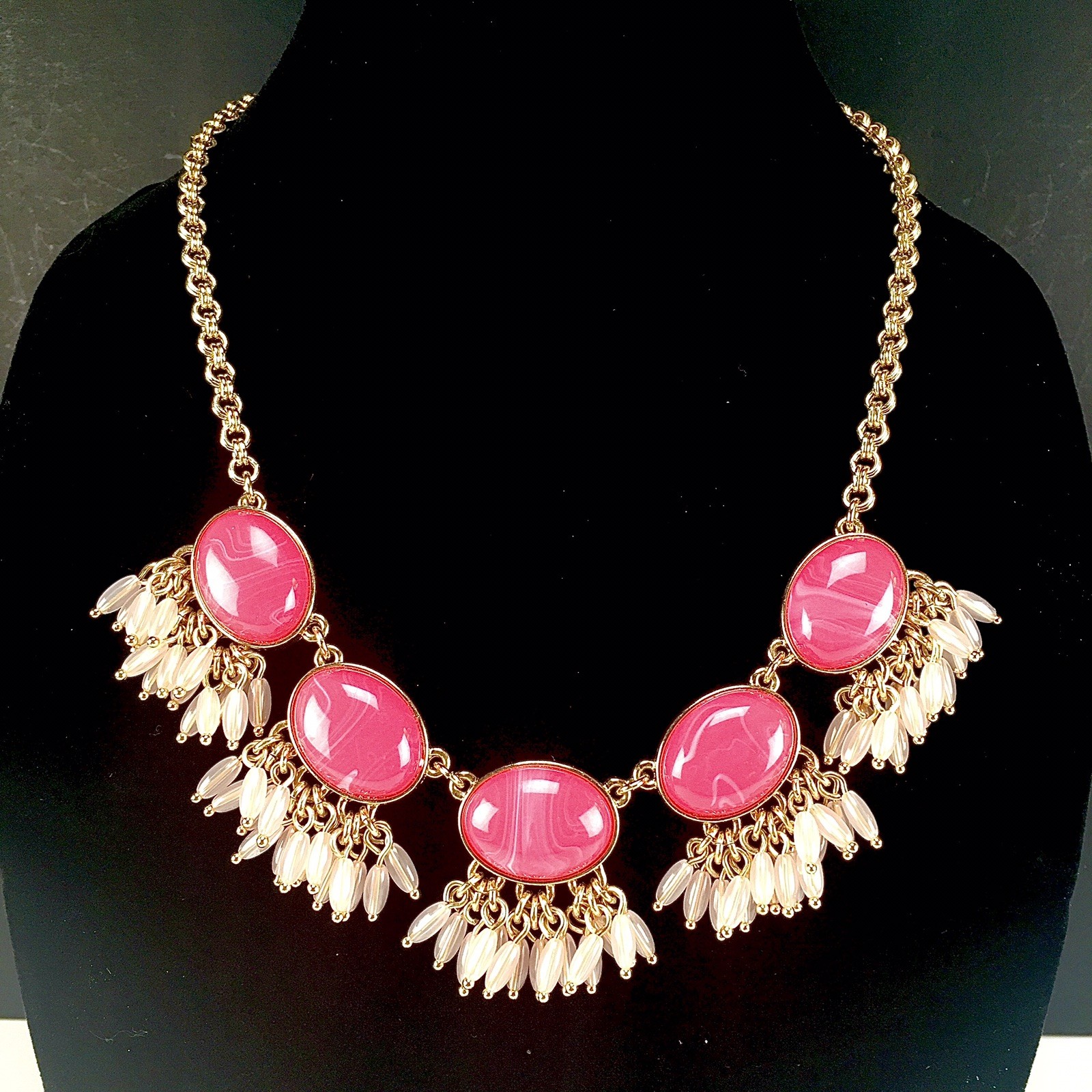 Talbots Pink Statement Necklace Gold Tone Oval Cabochon Bead Fringe 19″-21.75″