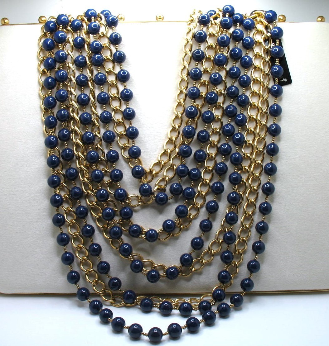 Vintage RJ Graziano 10-strand runway statement bib necklace Navy and goldtone