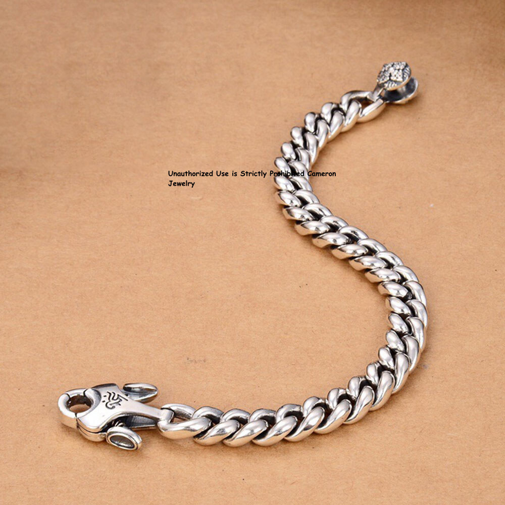 Pure S925 Sterling Silver Chain Men Vajra 9mm Curb Link Bracelet 8.26in 52-53g