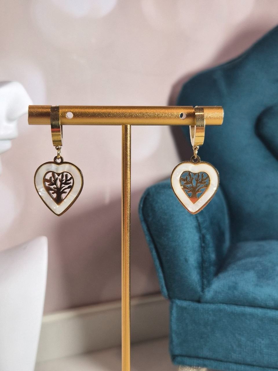 Earrings Heart Shape Life Tree Plating Inlay Shell 18K Gold Plated