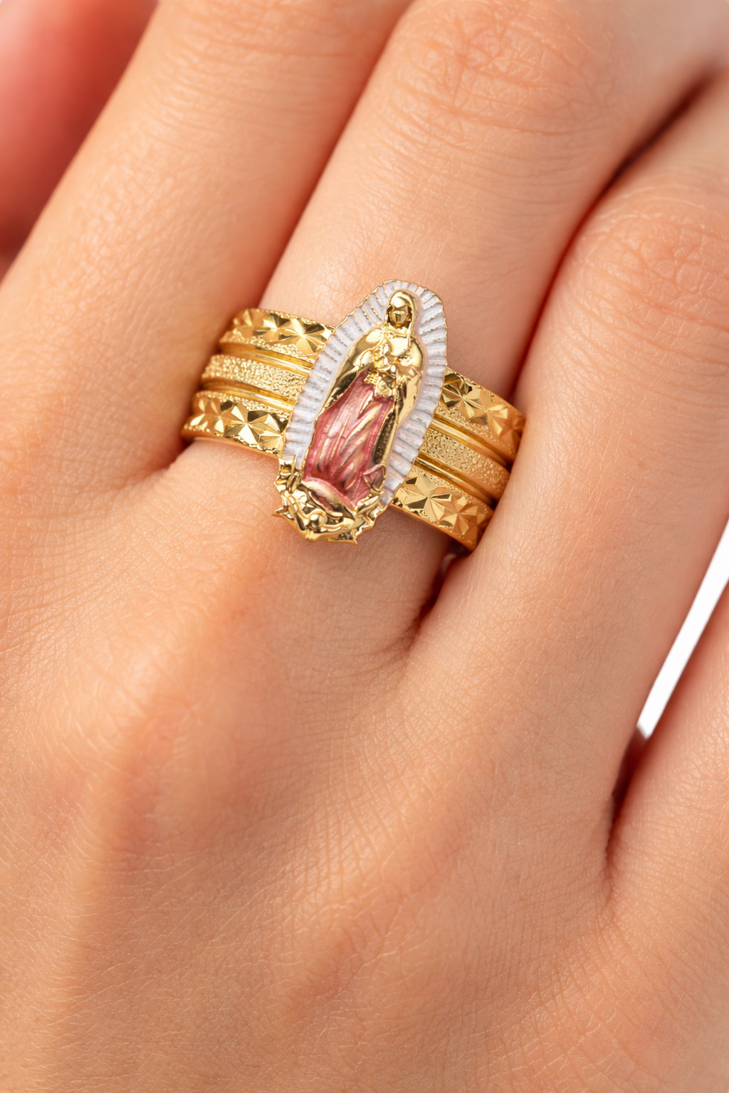 Italian 1/200 14k Yellow Gold Virgin Mary Ring Religious Catholic Ring Men Women