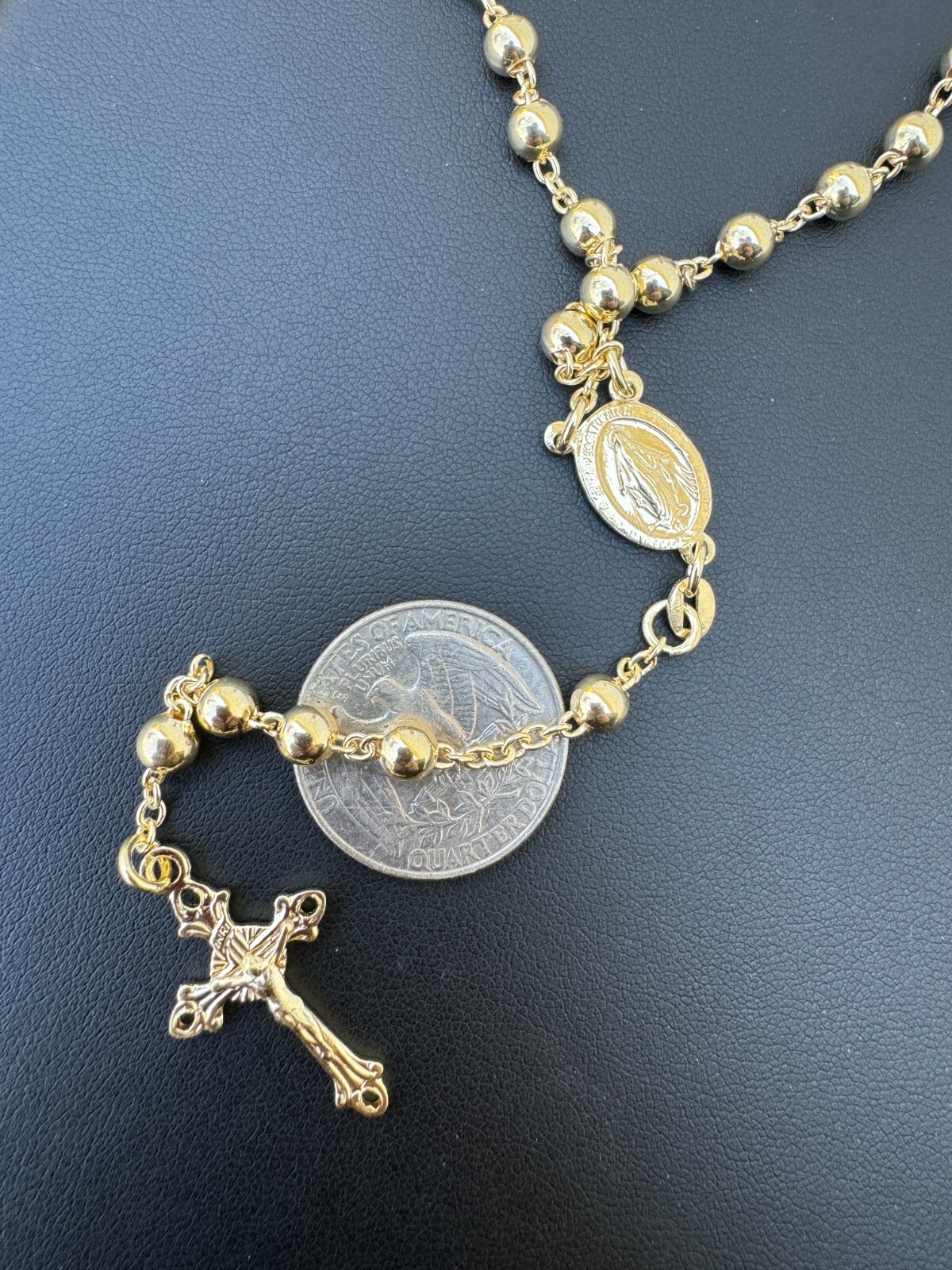 Men’s 30″ Long Rosary Beads Necklace 14k Gold Over 925 Silver Rosario ITALY 5mm