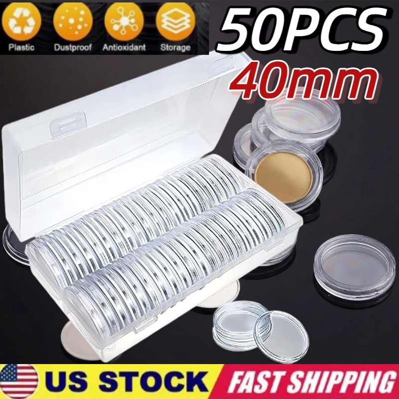 50PCS*40.6mm Coin Capsules Round Plastic Coin Holder White gaskets with Case Box