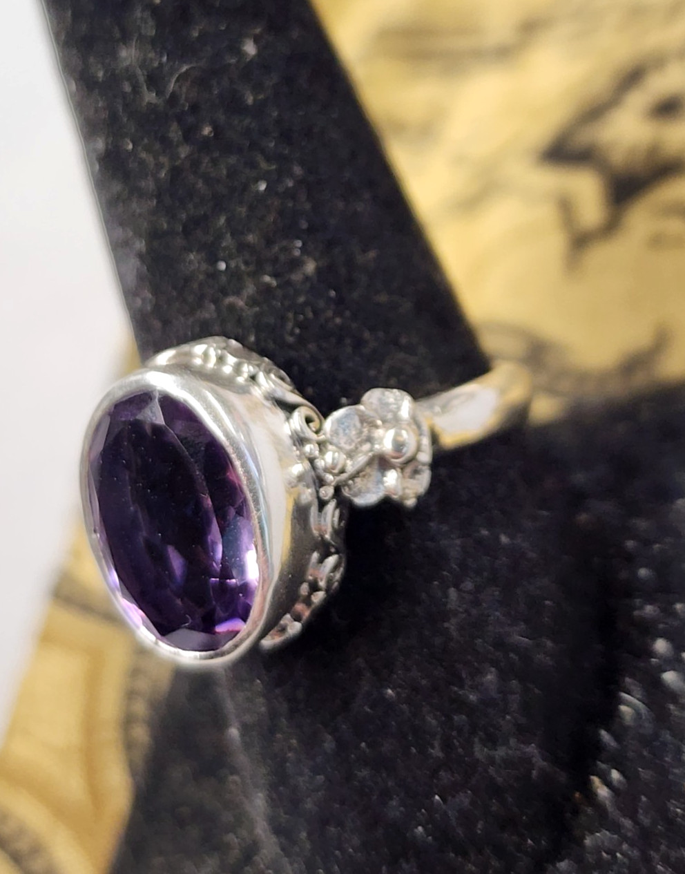 Frangipani Allure Floral Sterling Silver and Amethyst Ring sz 10
