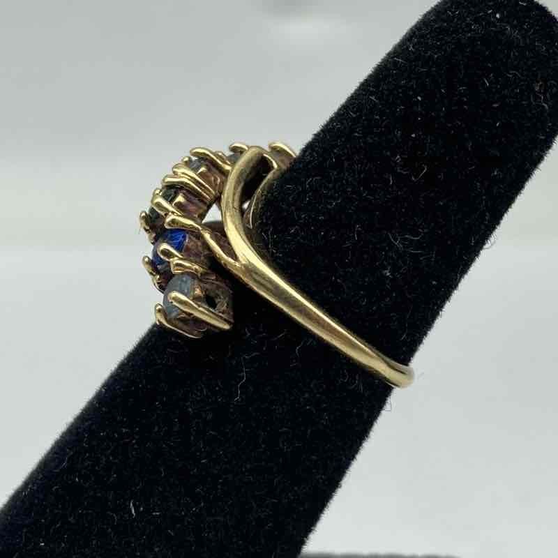10K Yellow Gold Multi-Gemstone Bypass Ring Size 3.25 Aquamarine Emerald 2.3g