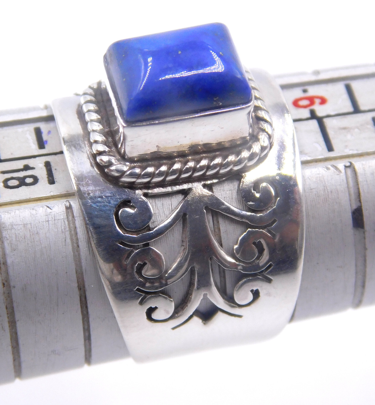 4.40 Gm 925 Sterling Silver Natural Lapis lazuli Cab Gemstone Jali Ring Size 7″