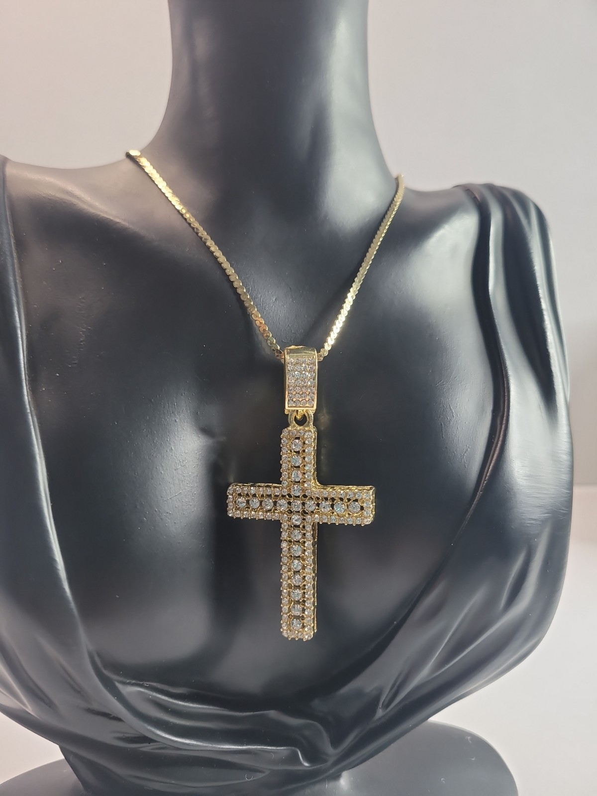 Gold Tone Iced Out Cross Pendant Necklace Clear Rhinestone Pave Hip Hop Style