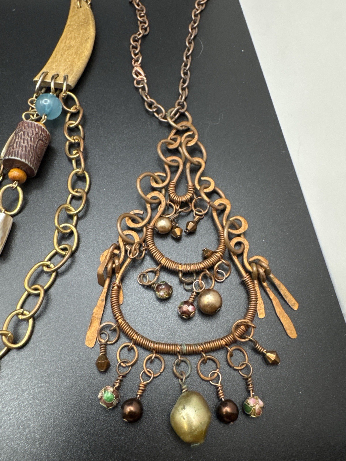 Boho Boutique Copper Mixed Media Necklace Lot Blue Beads Layered Statement 4 Pc