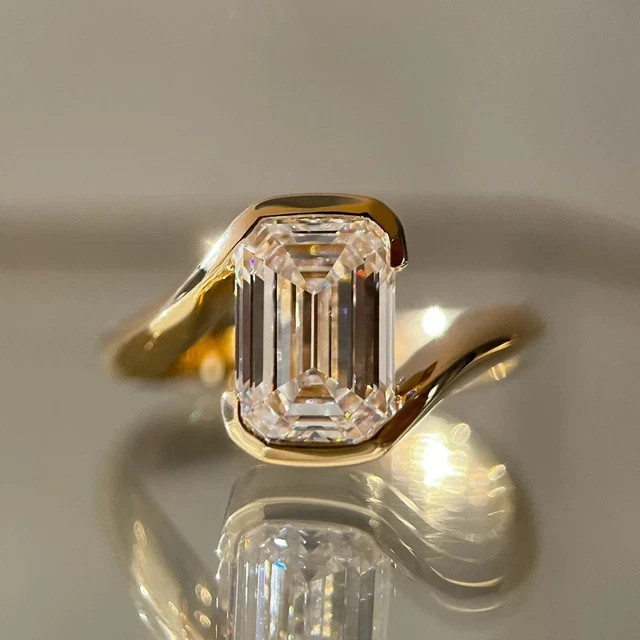 3CT Emerald Cut Moissanite Bezel Engagement Ring 14K Yellow Gold 925 Silver