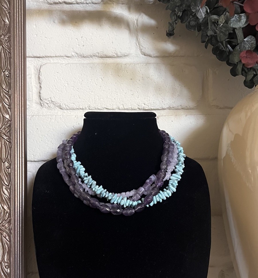 Purple & Teal Faux Stones Plastic Multi Strand Filigree End Caps Beaded Necklace