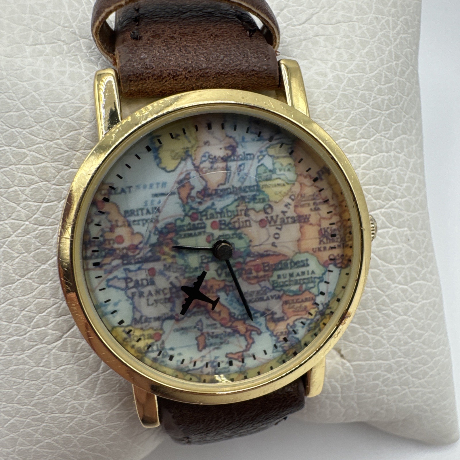 Charming Charlie Ladies World Map Quartz Watch 30mm Round Gold Tone Brown Faux