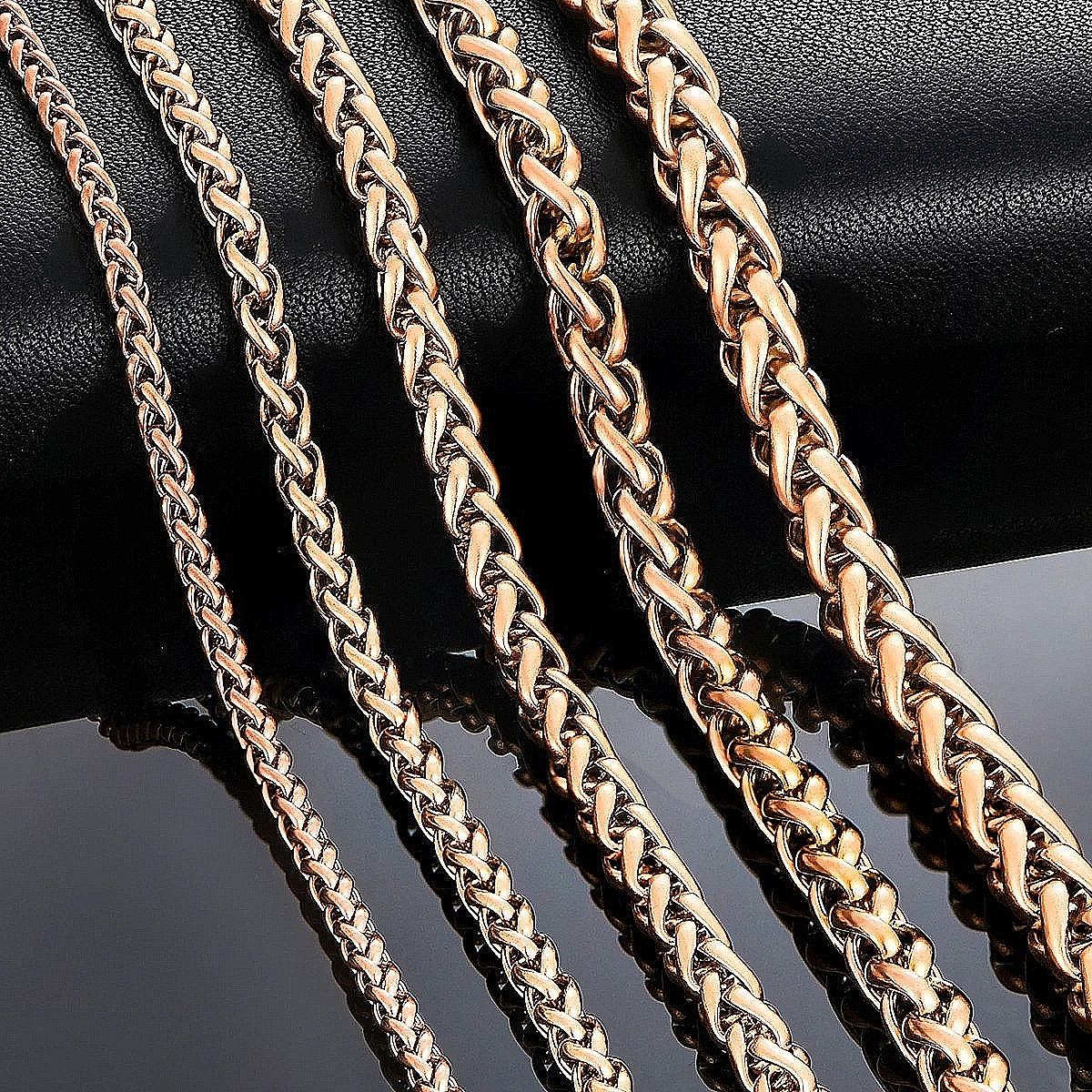 Braided Wheat Link 3-7mm Mens Chain Rose Gold Stainless Steel Necklace Gift