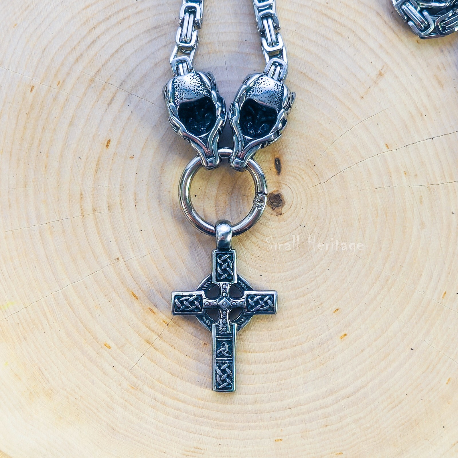 Large Wolf Cross Necklace – Heavy Stainless Steel Celtic Viking Pendant for Men