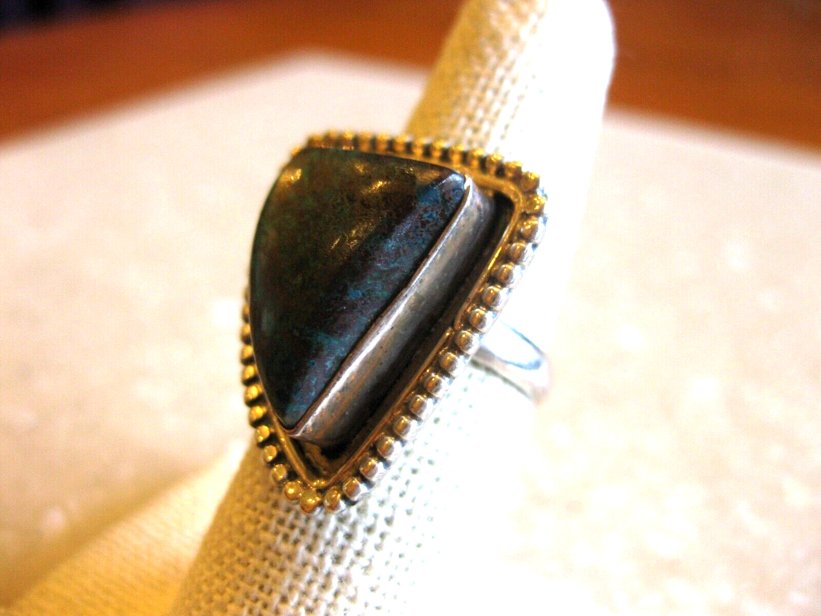 Sterling Ring w/ Natural Stone, Turquoise? Edged w/ Row of Tiny Balls / 6 3/4