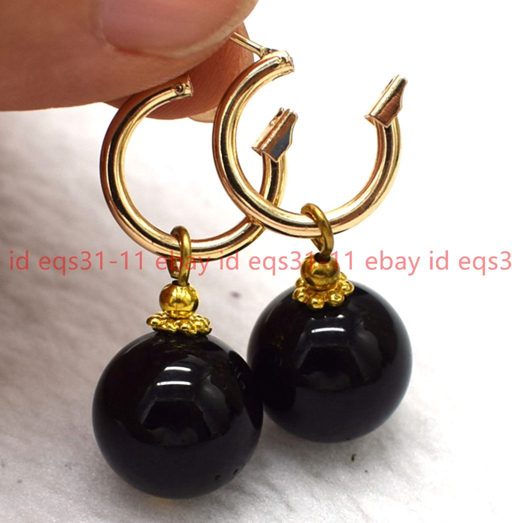 Classic Noblest 12mm Black Agate Round Gemstone Beads Leveback Earrings