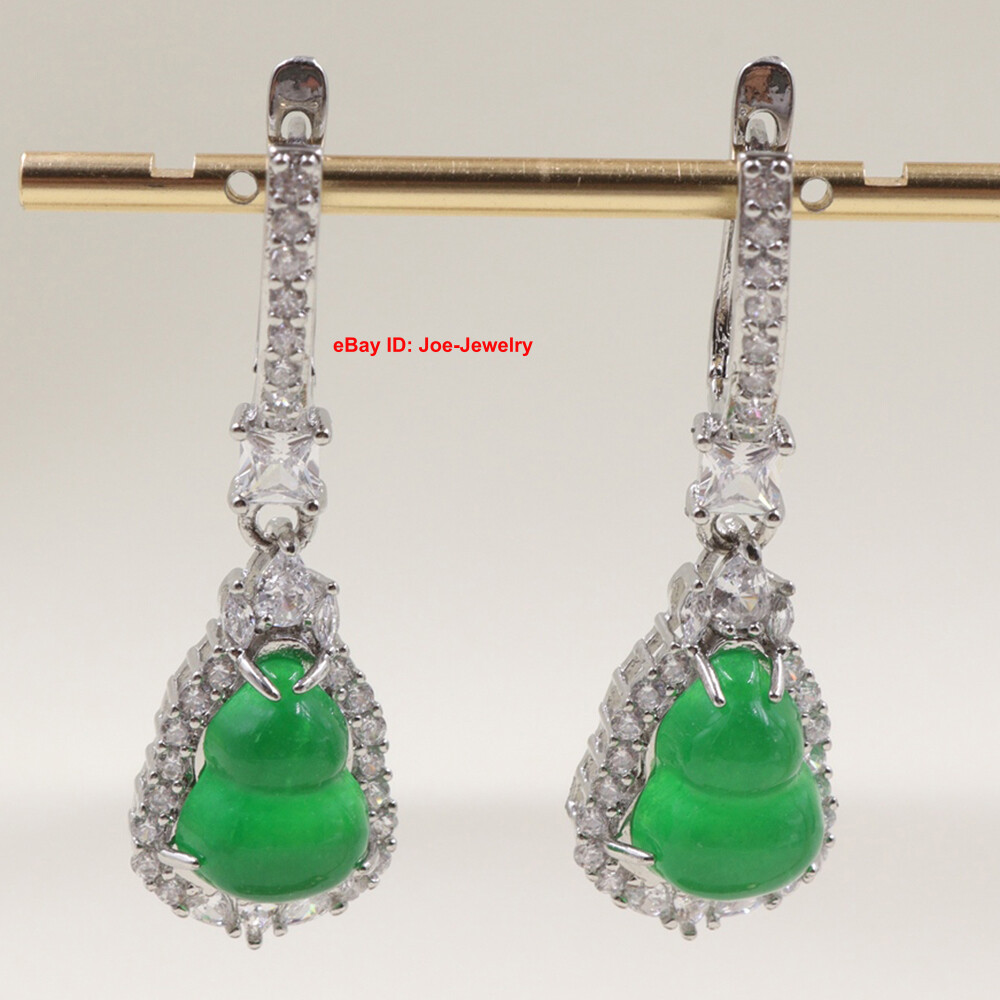Gold Plated Alloy Green Chalcedony Gourd Charm Dangle Earrings 45mm H