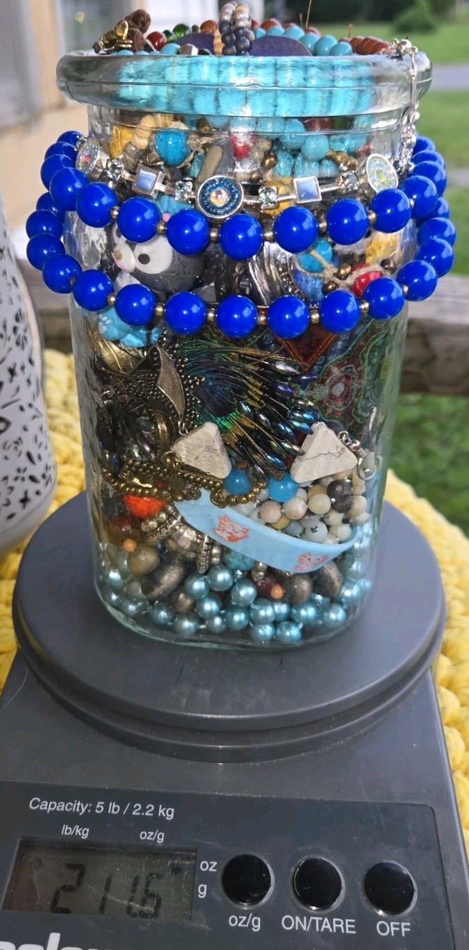 Blue Whimsi Fantasy~Mystery Jewelry Jar-Vintage To Now~All Wearable Pieces