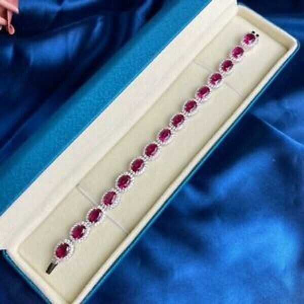 Black Friday 15Ct Oval Cut Red Ruby Diamond Tennis Bracelet 14K White Gold Over