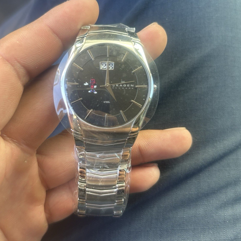 Skagen Denmark Quartz Date Watch Black Dial Steel Bracelet 37mm 50m