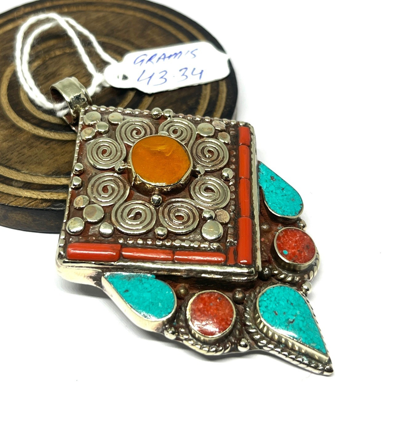 Handmade Turquoise Coral Gemstone Tibetan Style Boho Pendant Jewelry, 3.0 inc