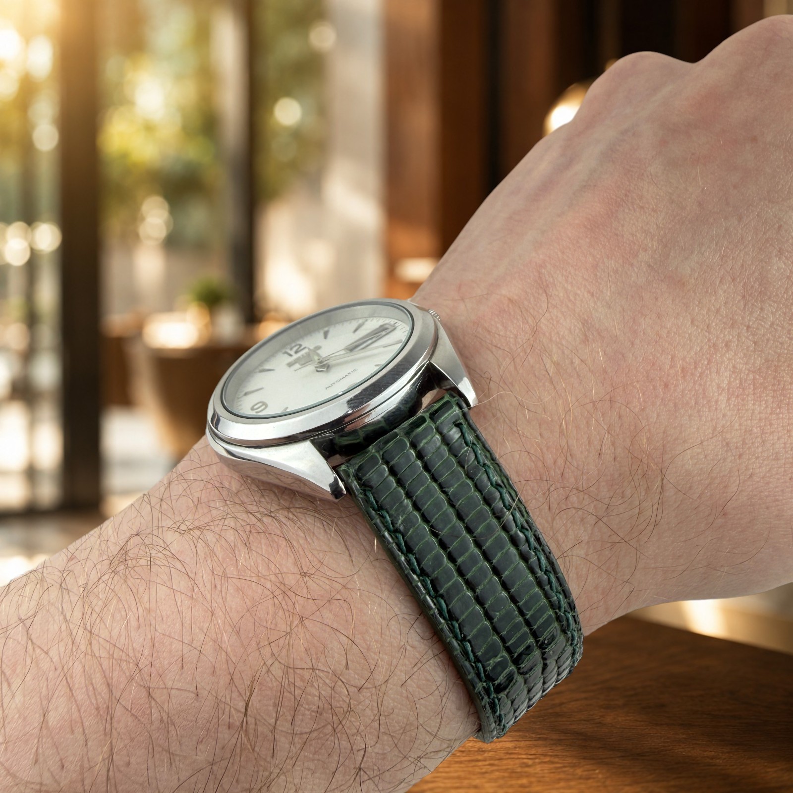 Genuine Lizard Leather Watch Band Strap 18mm Dark Green Handmade 316L Buckle