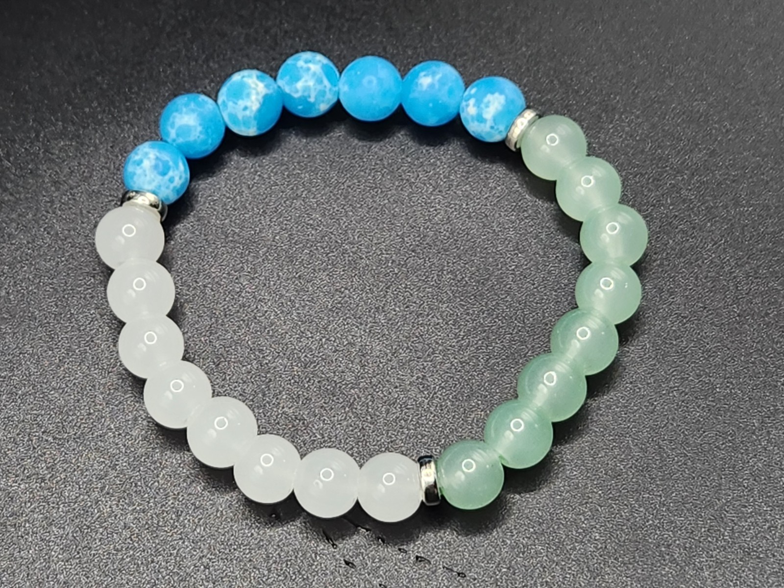#0346 – Blue & White Frosted Beaded Stretch Bracelet Green Cat’s Eye Style…