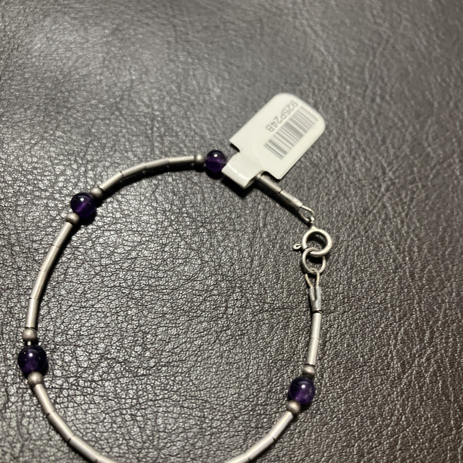 925 Sterling Silver Bracelet 2.4 Grams With Purple Beads 6.5 Inches Pre Owned