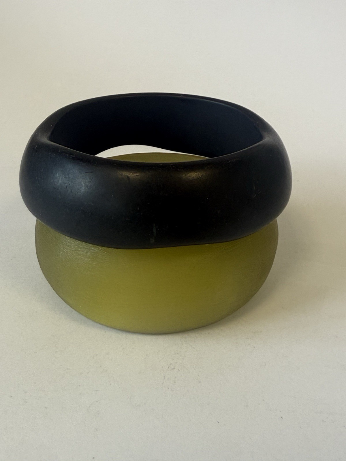 Beautiful Set Of 2 Retro Plexi Bangle/Bracelet Light Olive And Black Off Shape