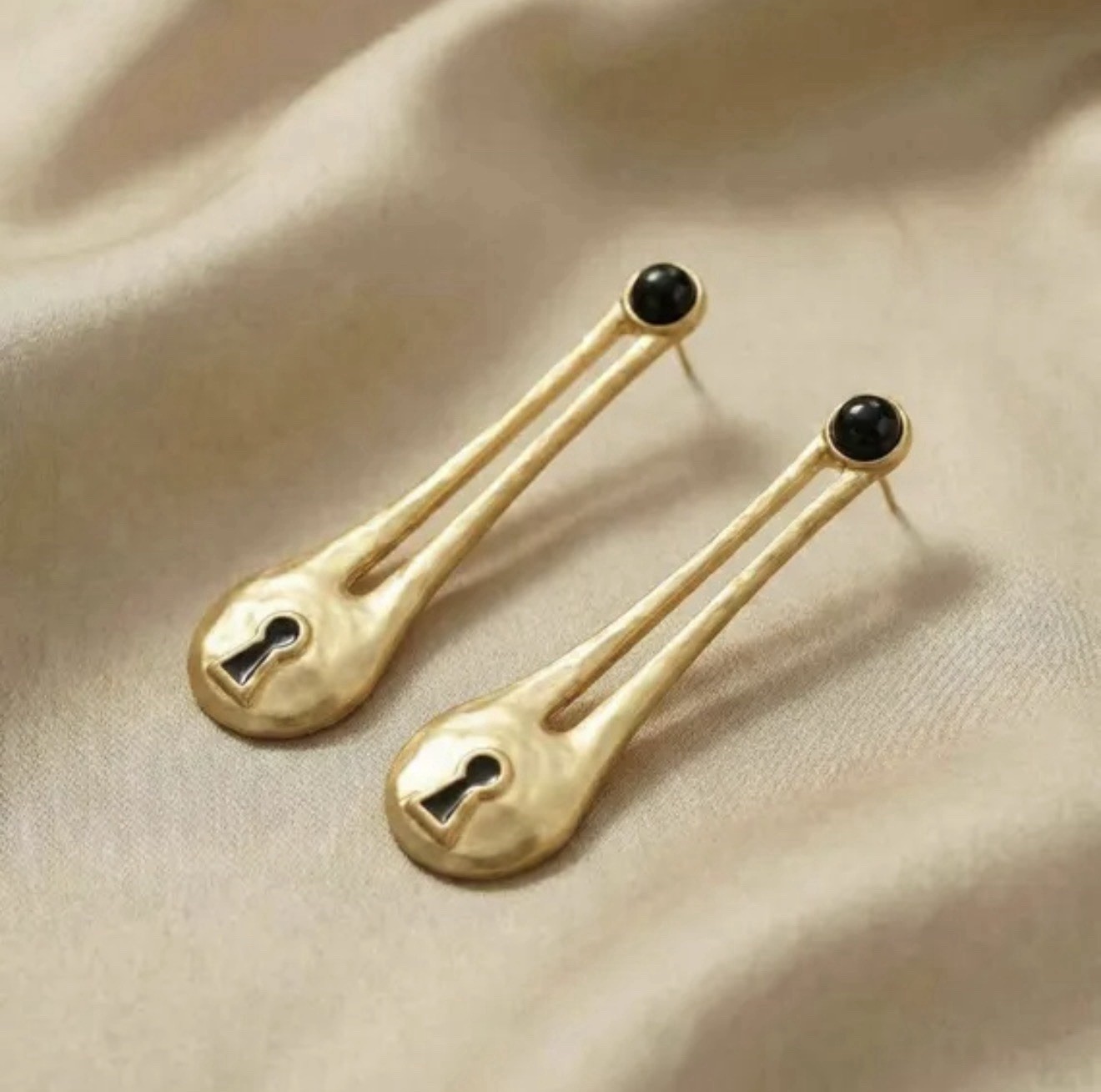 Schiaparelli Inspired Gold Drop Keyhole Long Key Earrings Padlock Surrealist NEW