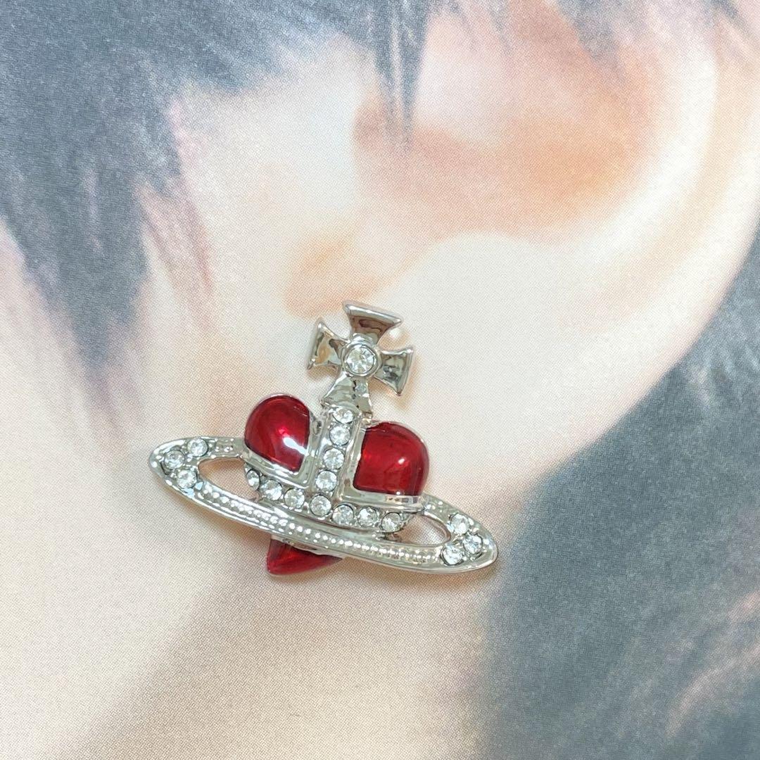 Vivienne Westwood Earrings Pierce Diamante Heart Silver Red 2.5 cm w/drawstring