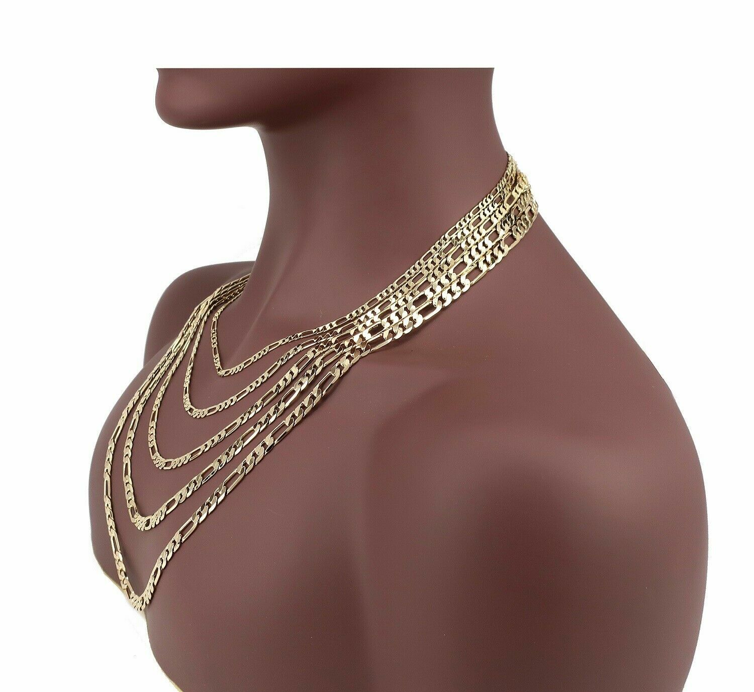 Italian Figaro Link Chain Necklace Bracelet 3mm to 6.5mm 14K Gold Plated