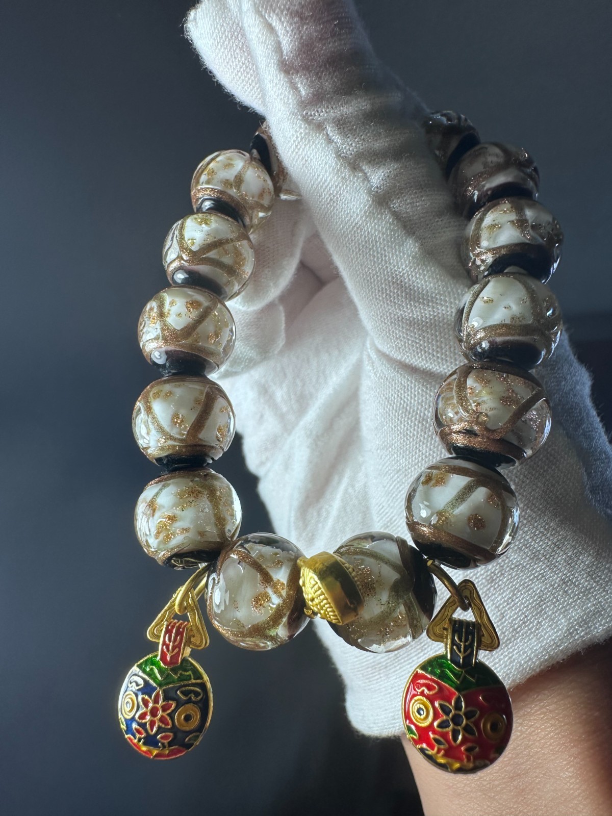 Handcrafted Liuli Glass Bead Bracelet with Gold Foil & Enamel Charms