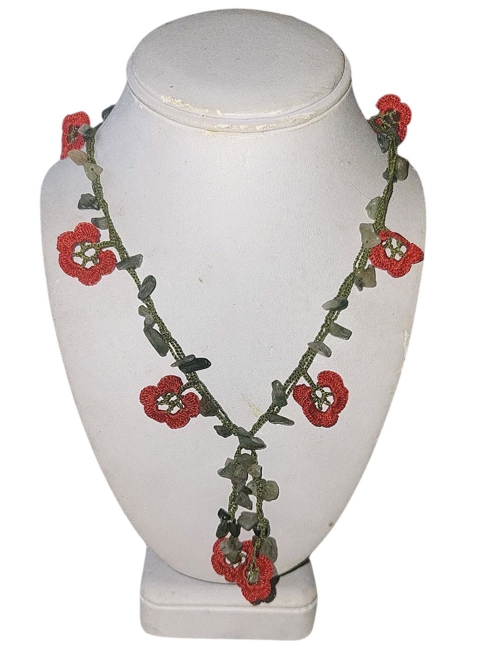 Red Flower Crochet Necklace With Jade Stone, Turkish Jewelry