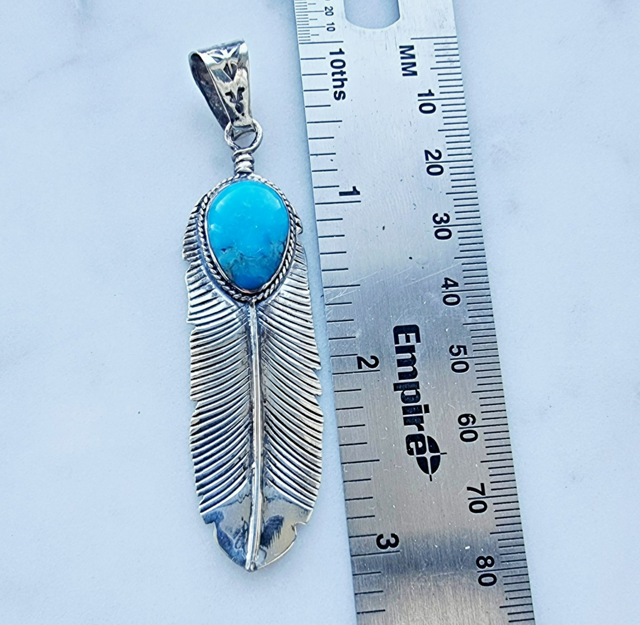 925 STERLING SILVER BLUE 17X12 MM. TEARDROP TURQUOISE FEATHER PENDANT