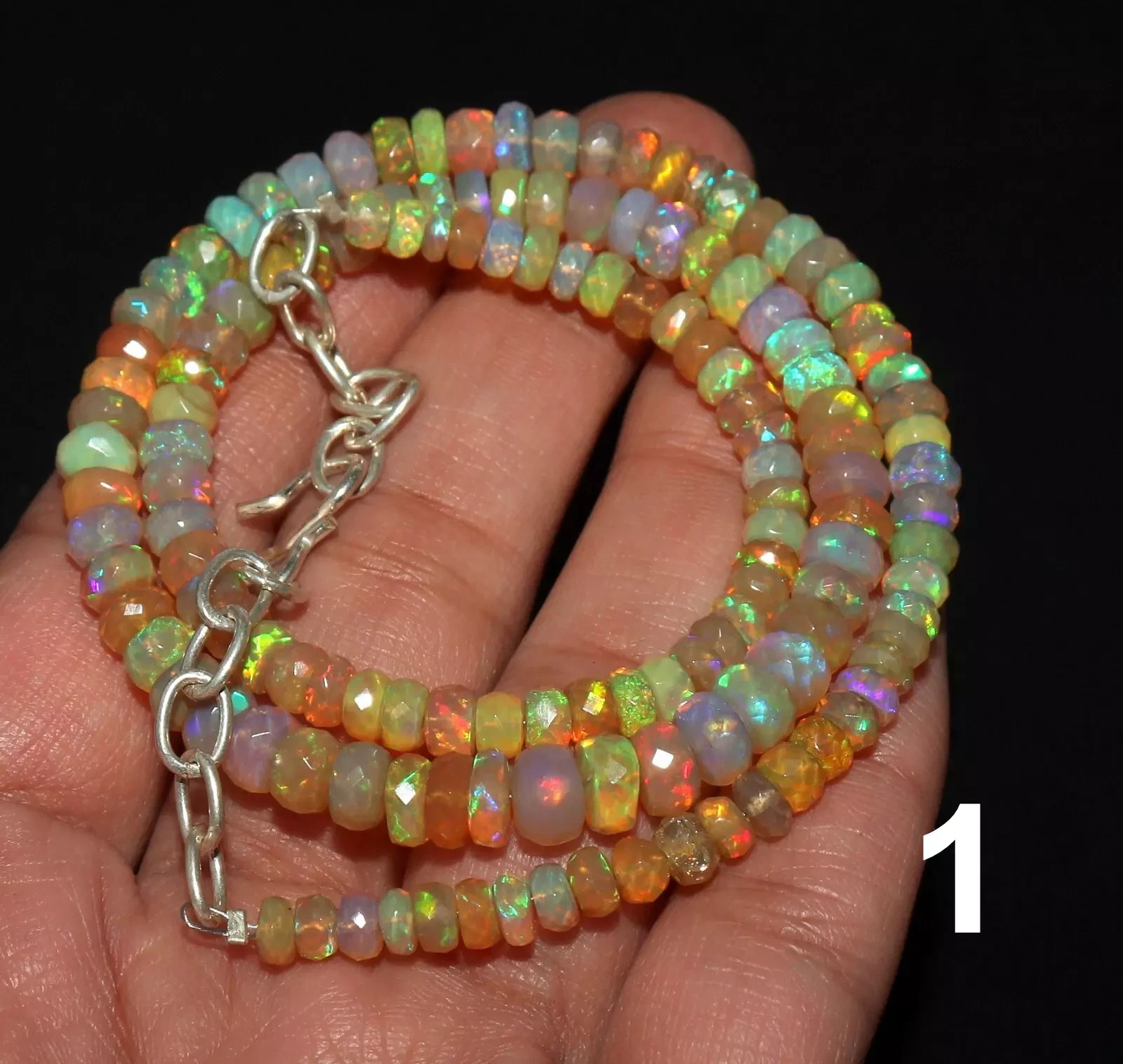 sterling silver Natural Ethiopian fire opal faceted roundelle beads necklace