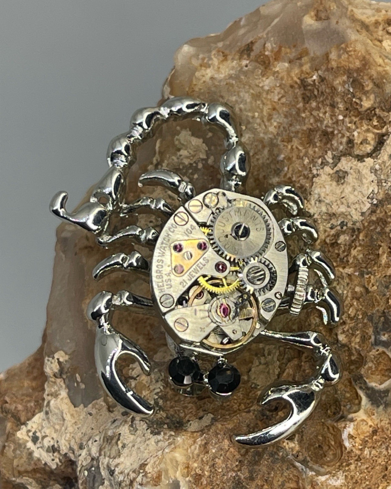 Steampunk Vintage Helbros Miniature Gears & Jewels Scorpion Brooch Pin. 138-b