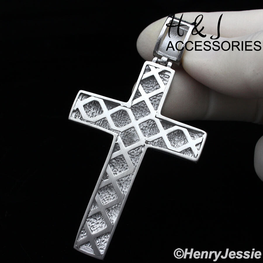 18-40″MEN Stainless Steel 5mm Silver Box Link Necklace ICY CZ Cross Pendant*IP21