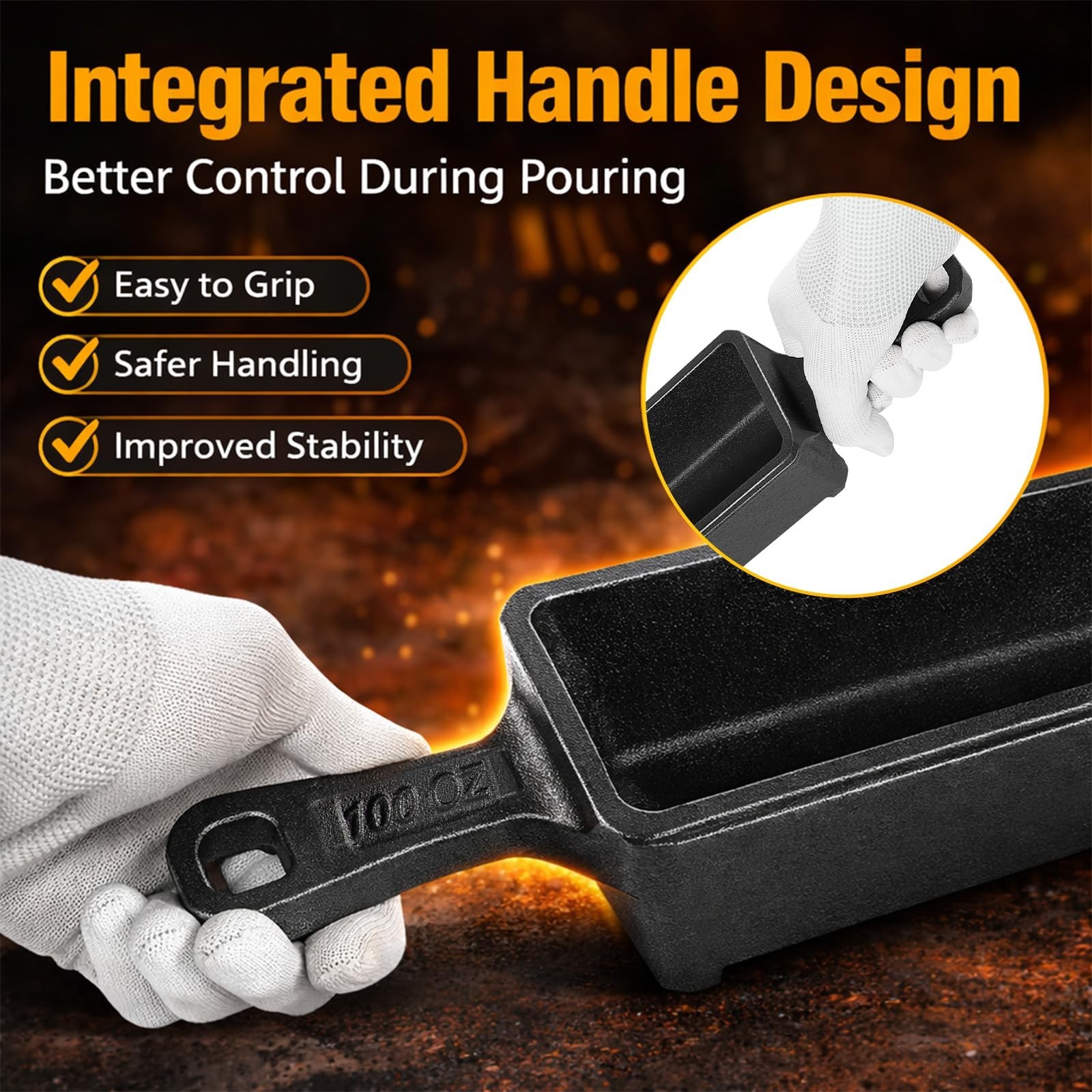 100 oz Cast Iron Ingot Mold with Handle – Metal Melting & Casting for Gold, Silv