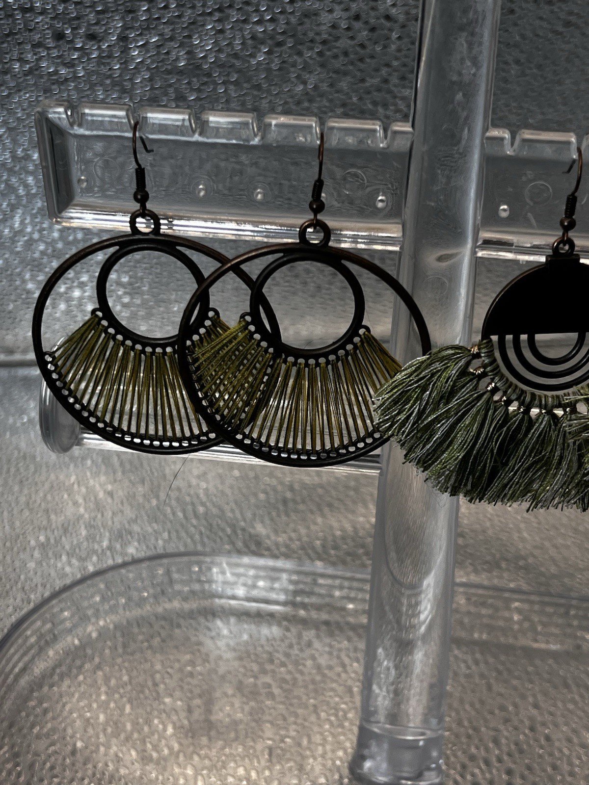 set of two pairs of black and olive green boho fringe and tassel earring
