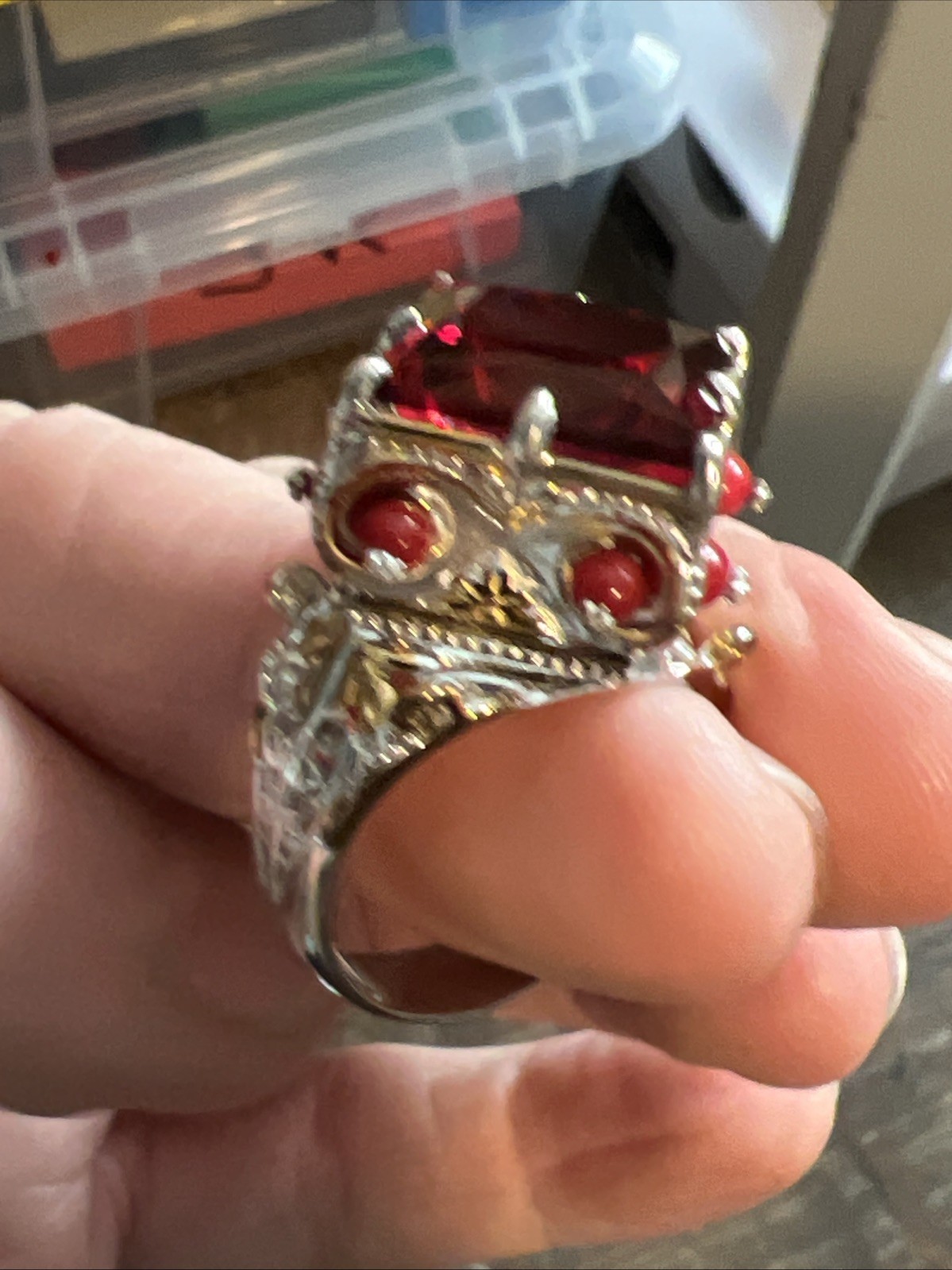 Gems en Vogue Sterling 925 Ruby & Coral Palladium Ring Sz 10 #JV24