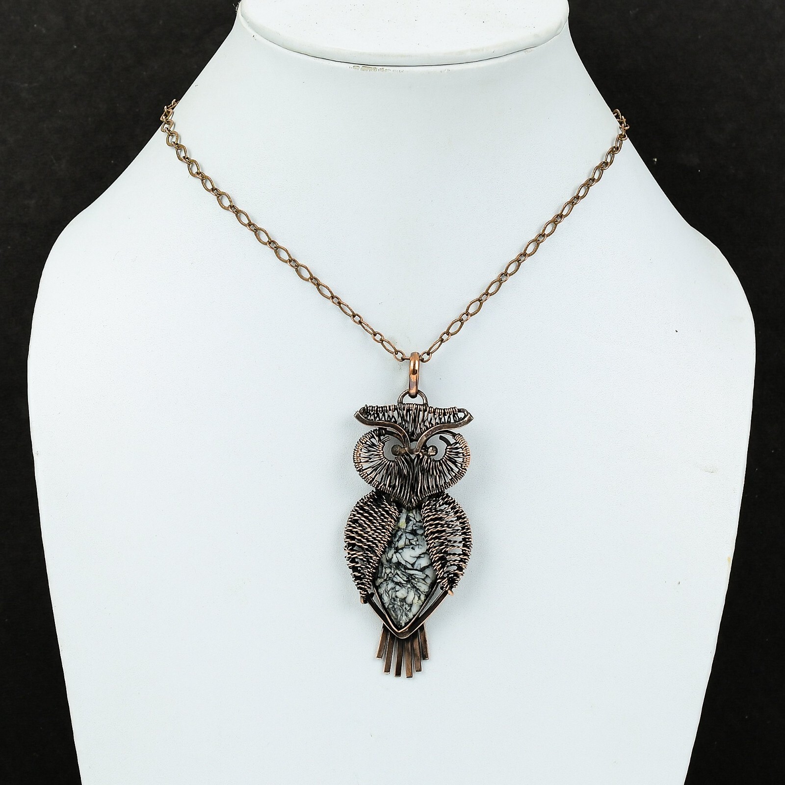 Pinolith Jasper Copper Gift For Bridesmaid Wire Wrapped Owl Pendant 3.35″