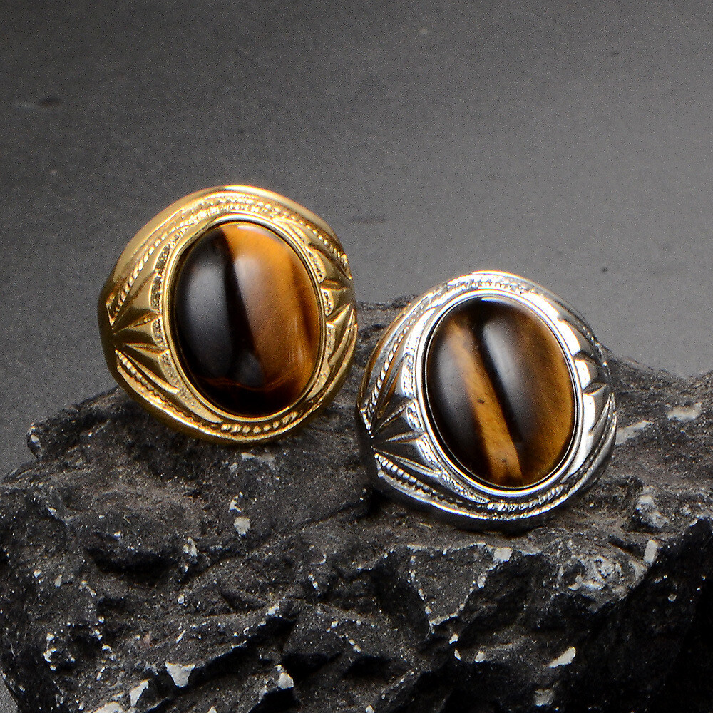 Deziloo Mens Stainless Steel Natural Oval Tiger Eye Gold Stone Ring Men 7-15